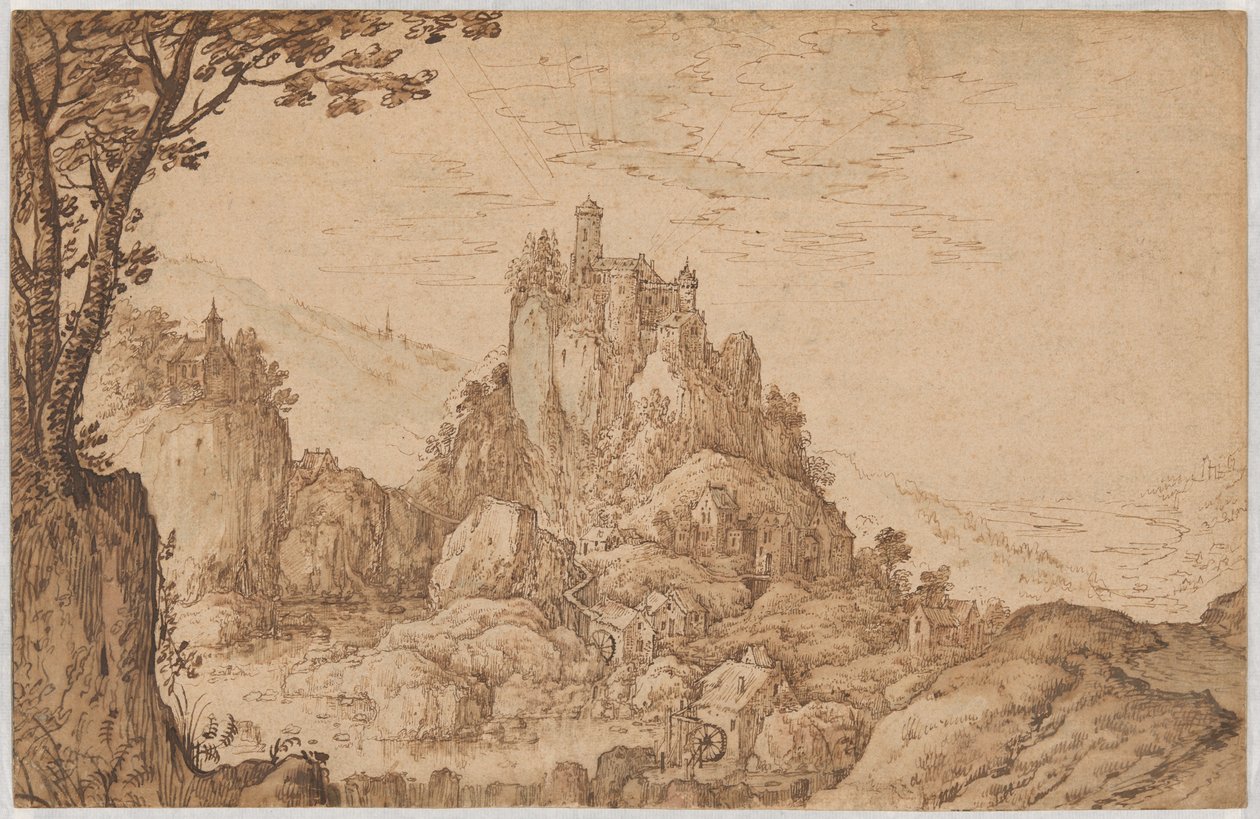 Een kasteel op een rots in een berglandschap door Joos de Momper II