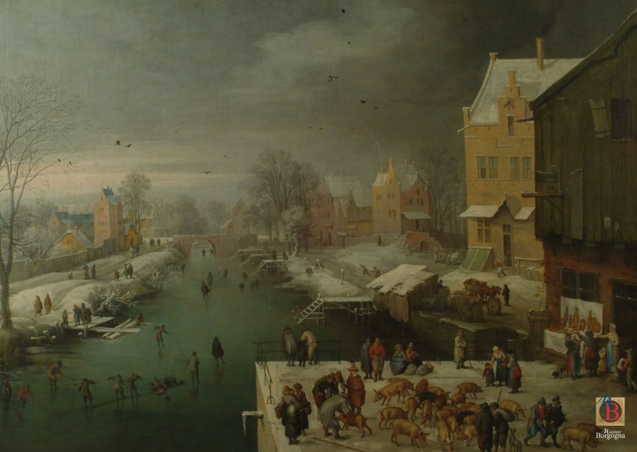 Winterlandschap met schaatsers en een varkensmarkt door Joos de Momper the younger