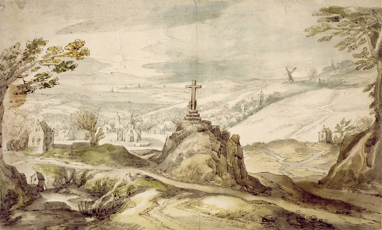 Bergachtig Landschap met een Kruis door Joos or Josse de Momper