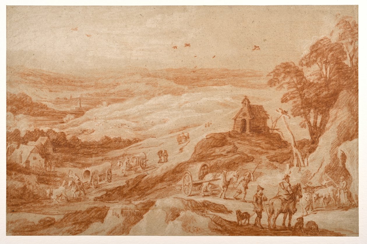 Landschap met figuren, vee en wagens door Joos or Josse de The Younger Momper
