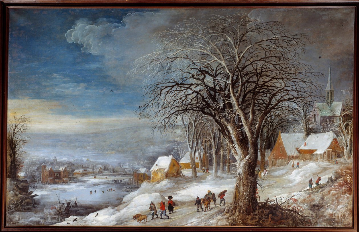 Winterlandschap. Schilderij door Josse II Momper (Ec. Flam.) door Joos or Josse de The Younger Momper