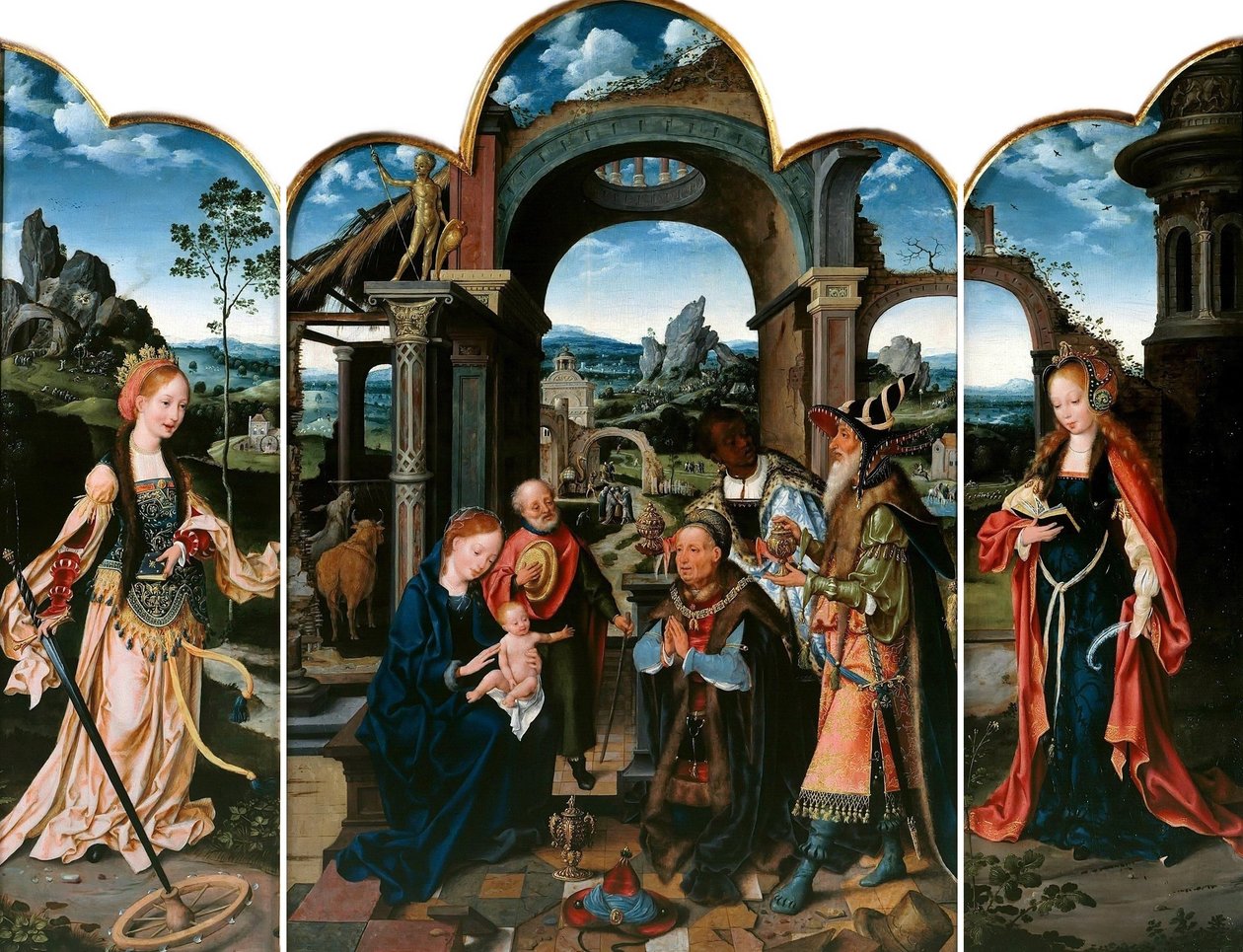 Dutch: De H. Catharina (links); De aanbidding van de Wijzen (midden); De H. Barbara (rechts) Adoration of the Magi with Sigismund I of Poland door Joos van Cleve
