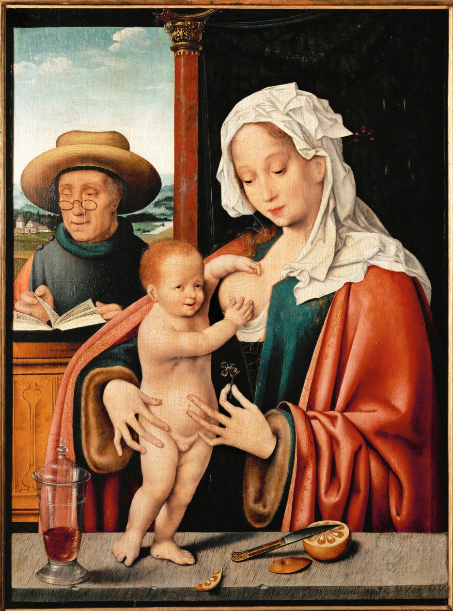 De Heilige Familie (schilderij op eikenhout) door Joos van Cleve