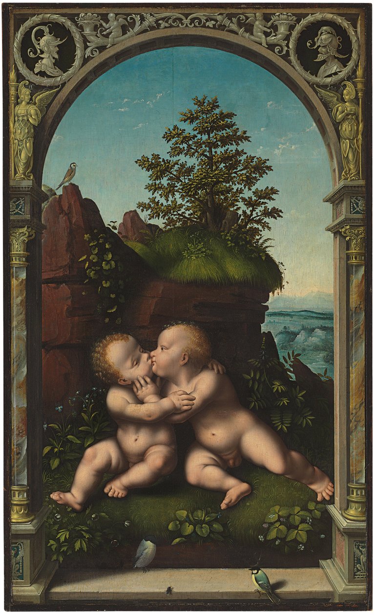 Het Kind Jezus en Sint Jan de Doper als kinderen omhelzen elkaar in een landschap, omgeven door een klassieke boog door Joos van Cleve