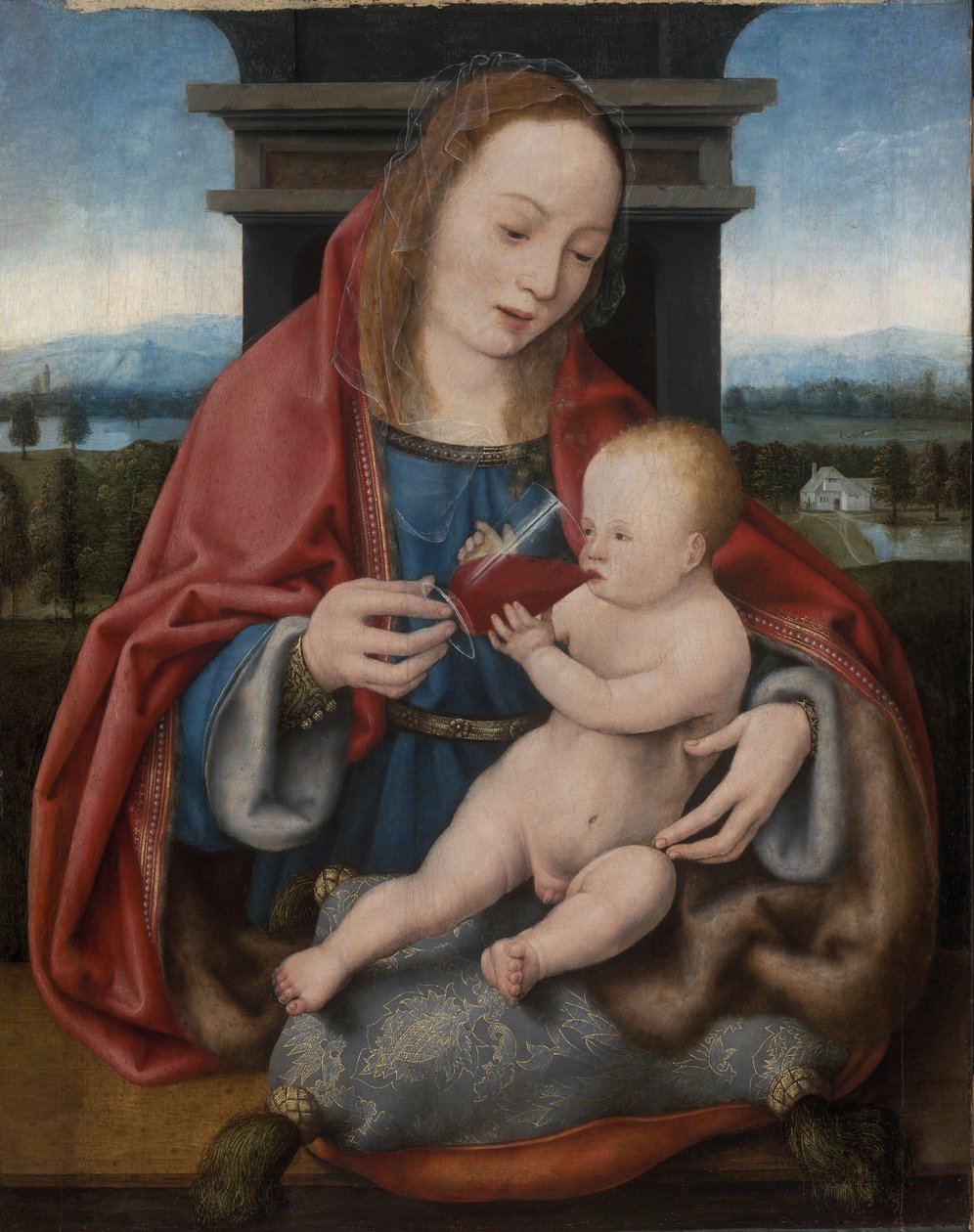 De Maagd met het Kindje dat wijn drinkt door Joos van Cleve