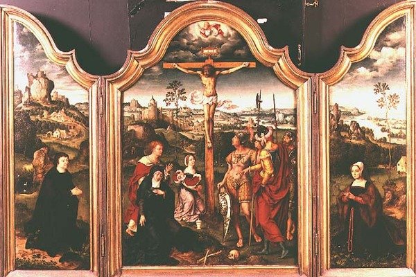 Drieluik: Kruisiging geflankeerd door knielende schenkers door Joos van Cleve