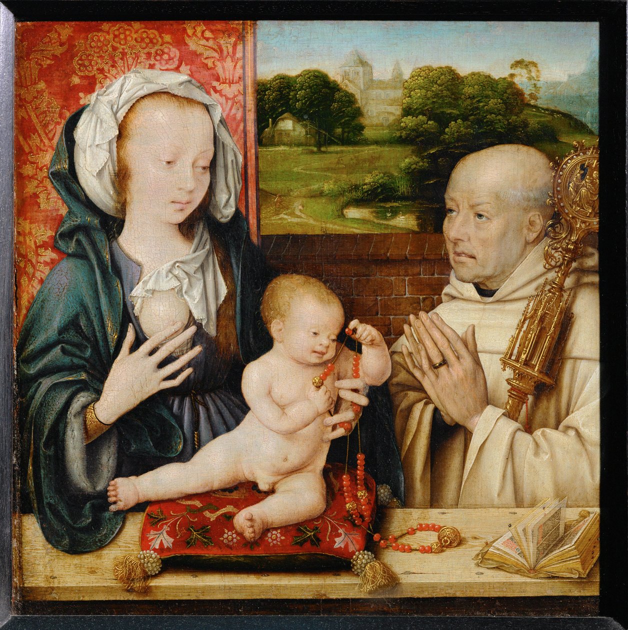 Maagd en kind met Sint Bernardus van Clairvaux. Op de achtergrond de abdij van Cluny ... door Joos van Cleve