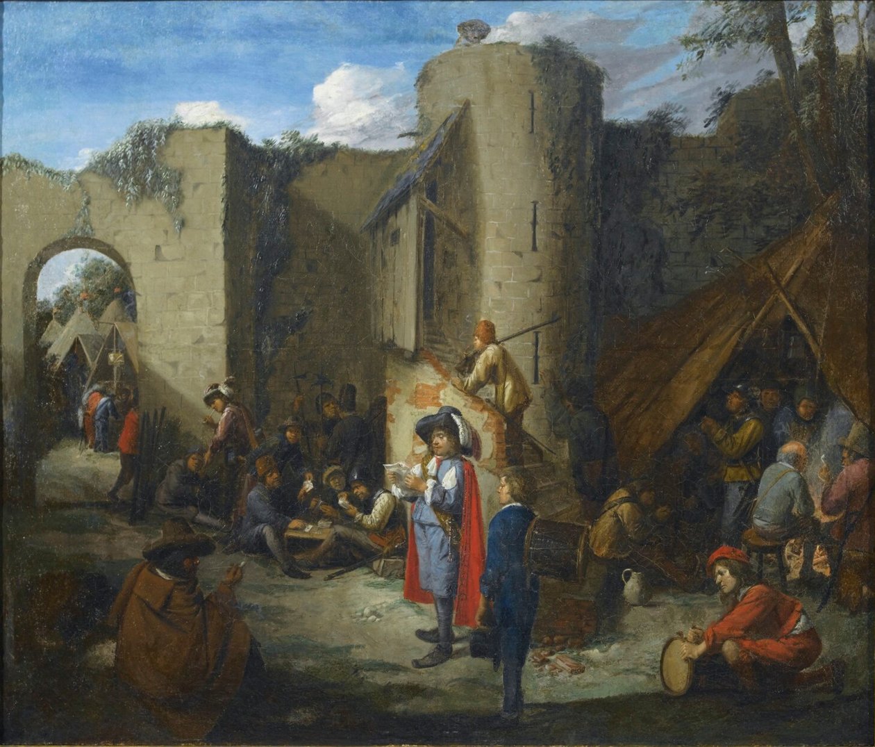 Een officier leest een brief in een militair kampement naast de muren van een kasteel door Joos van Craesbeeck