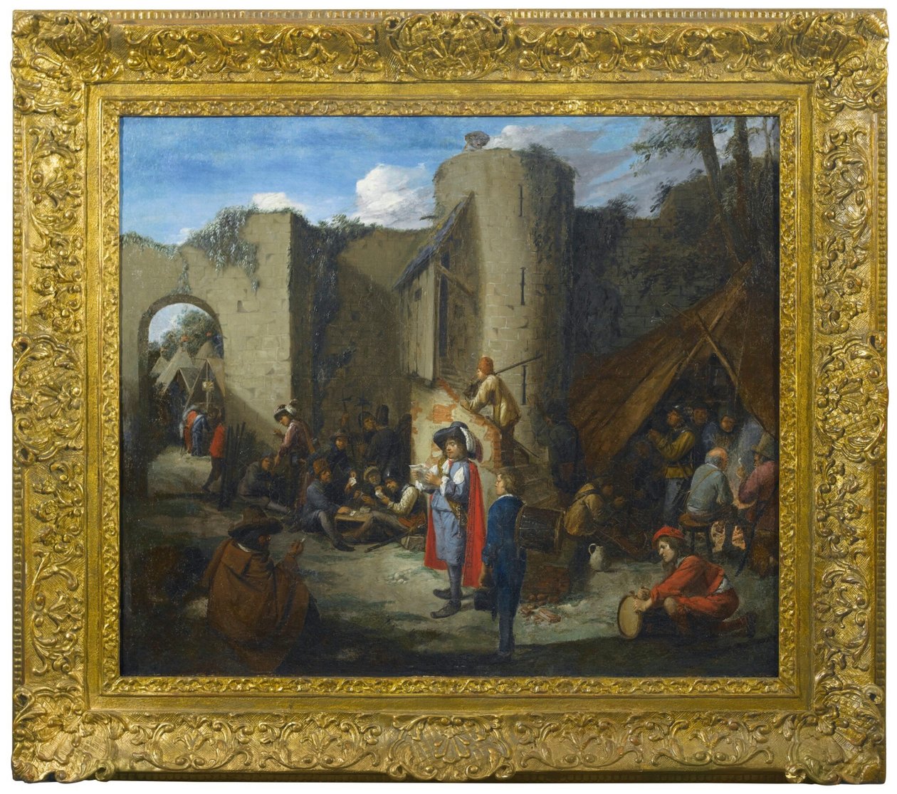 Een officier leest een brief in een militair kampement naast de muren van een kasteel door Joos van Craesbeeck