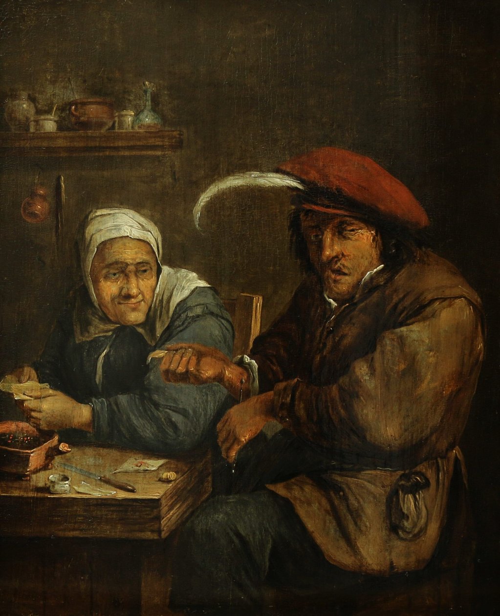 Interieur met een oude vrouw en een man die bloed laat vloeien (Allegorie op de tastzin) door Joos van Craesbeeck