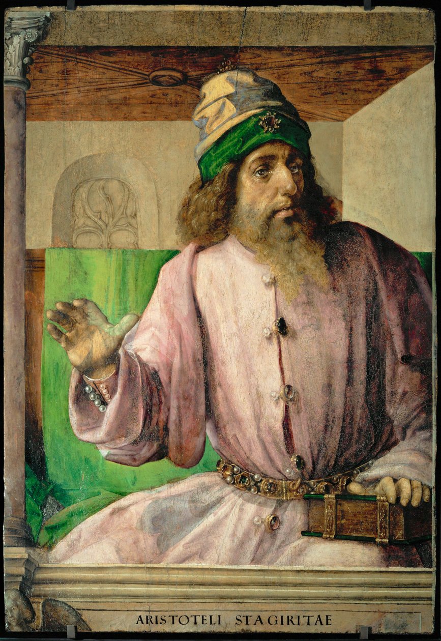 Aristoteles, Grieks filosoof Uit een serie van 28 portretten, geschilderd rond 1475 voor de studiolo van Federigo da Montefeltre ... door Joos van Gent (fl.1460-75)