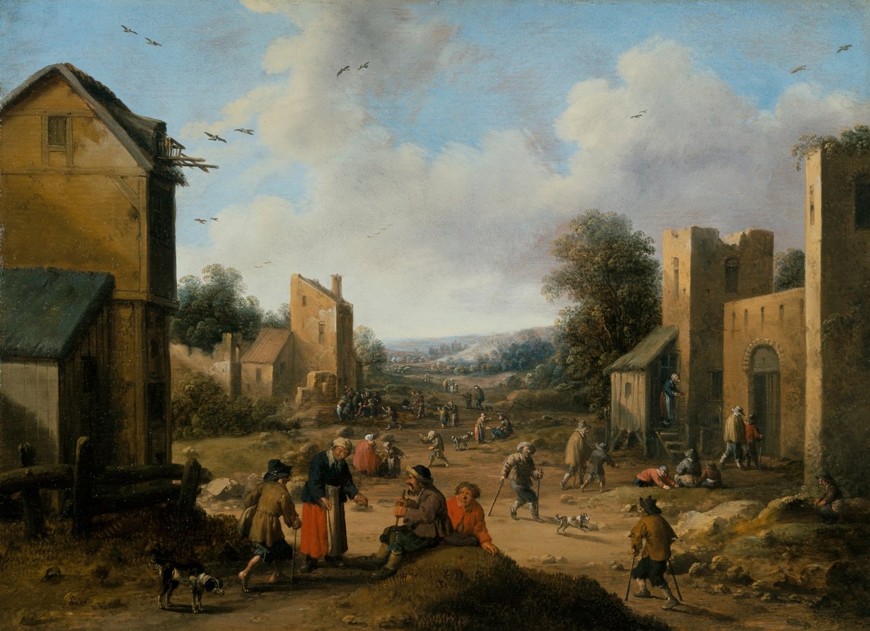 Een dorpslandschap met boeren door Joost Cornelisz. Droochsloot