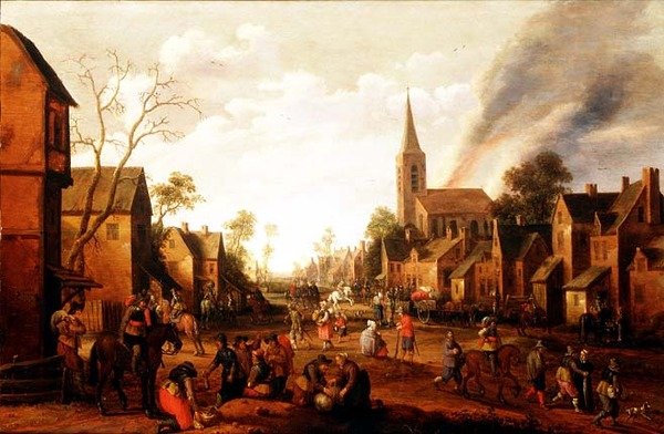 Soldaten die een dorp plunderen door Joost Cornelisz. Droochsloot