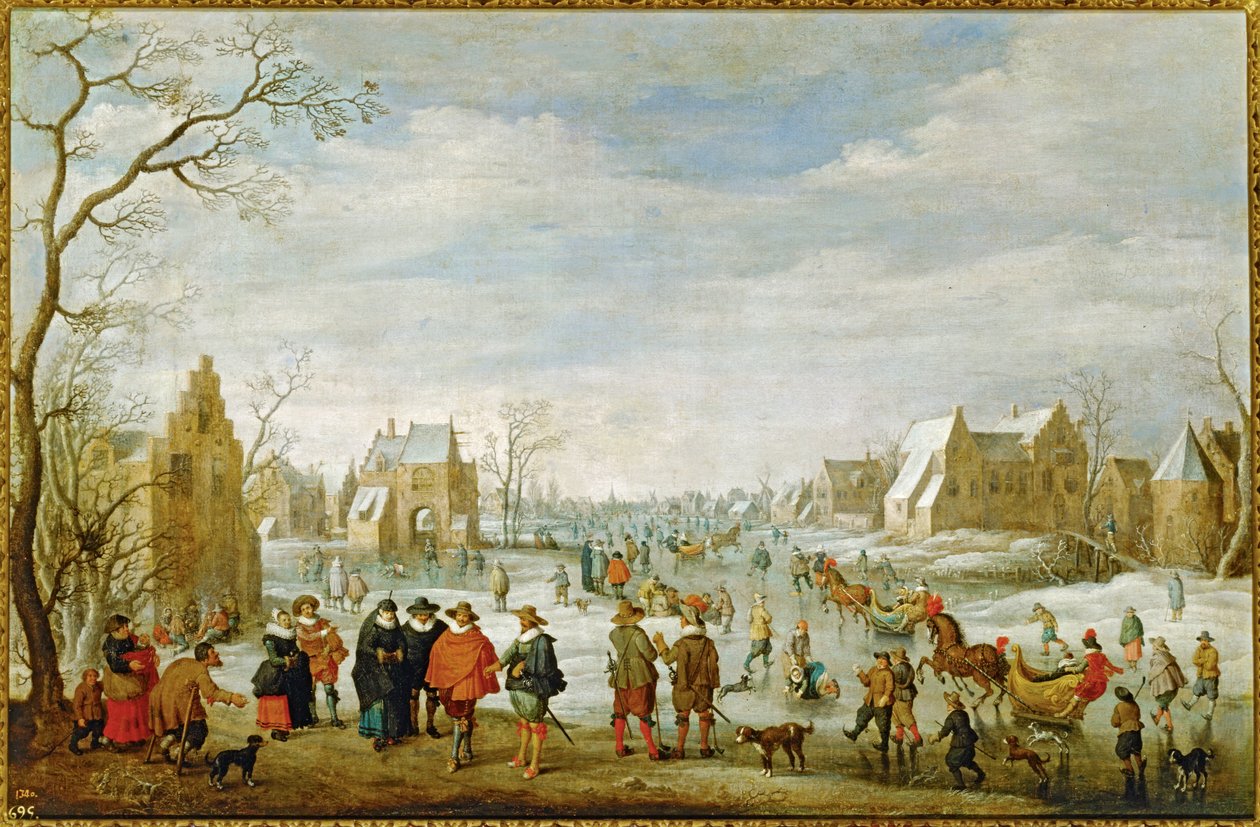 Winterlandschap met schaatsers ... (schilderij op doek) door Joost Cornelisz Droochsloot
