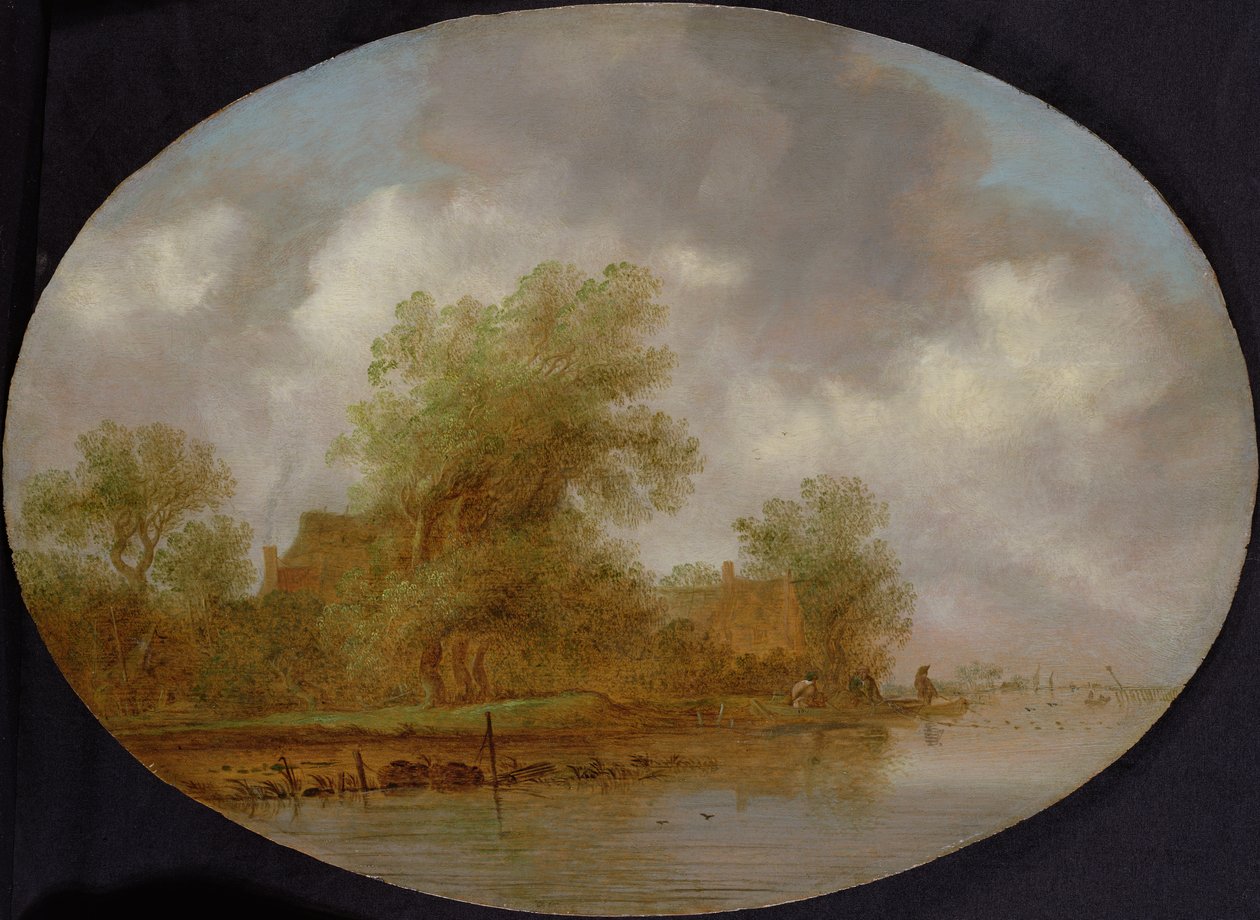 Een Rivierlandschap met Vissers die Netten Binnenhalen door Joost de Volder