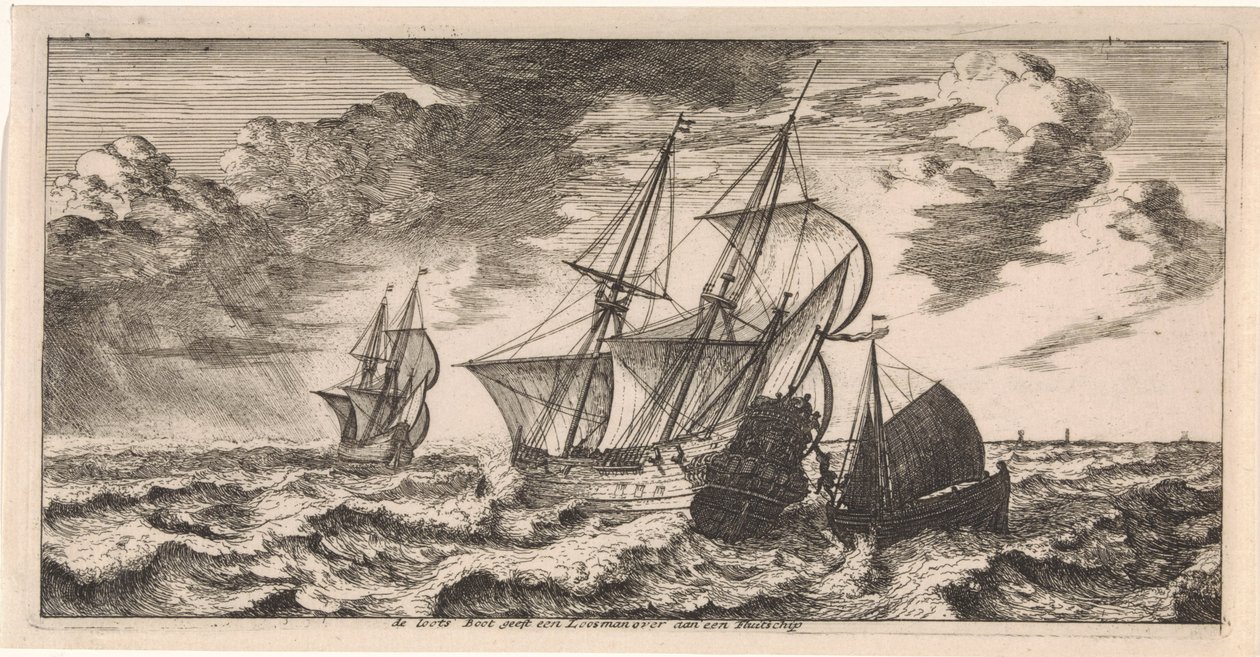Een loodsman komt aan boord van een schip Postkaart door Joost van Geel