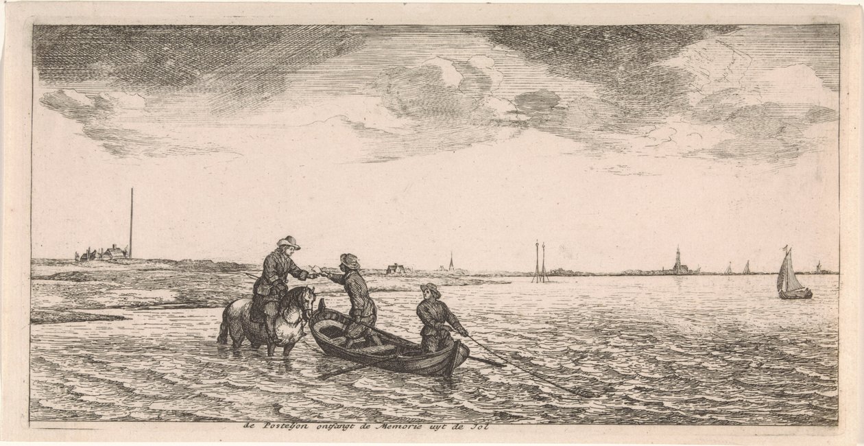 Ontvangst van post door een postbode te paard door Joost van Geel