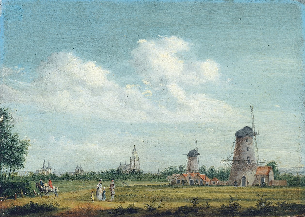 Een uitzicht op Arnhem met de St. Walburgskerk links en de Grote Kerk rechts, elegante stadsbewoners wandelen in de buurt, 1776 door Jordanus Hoorn