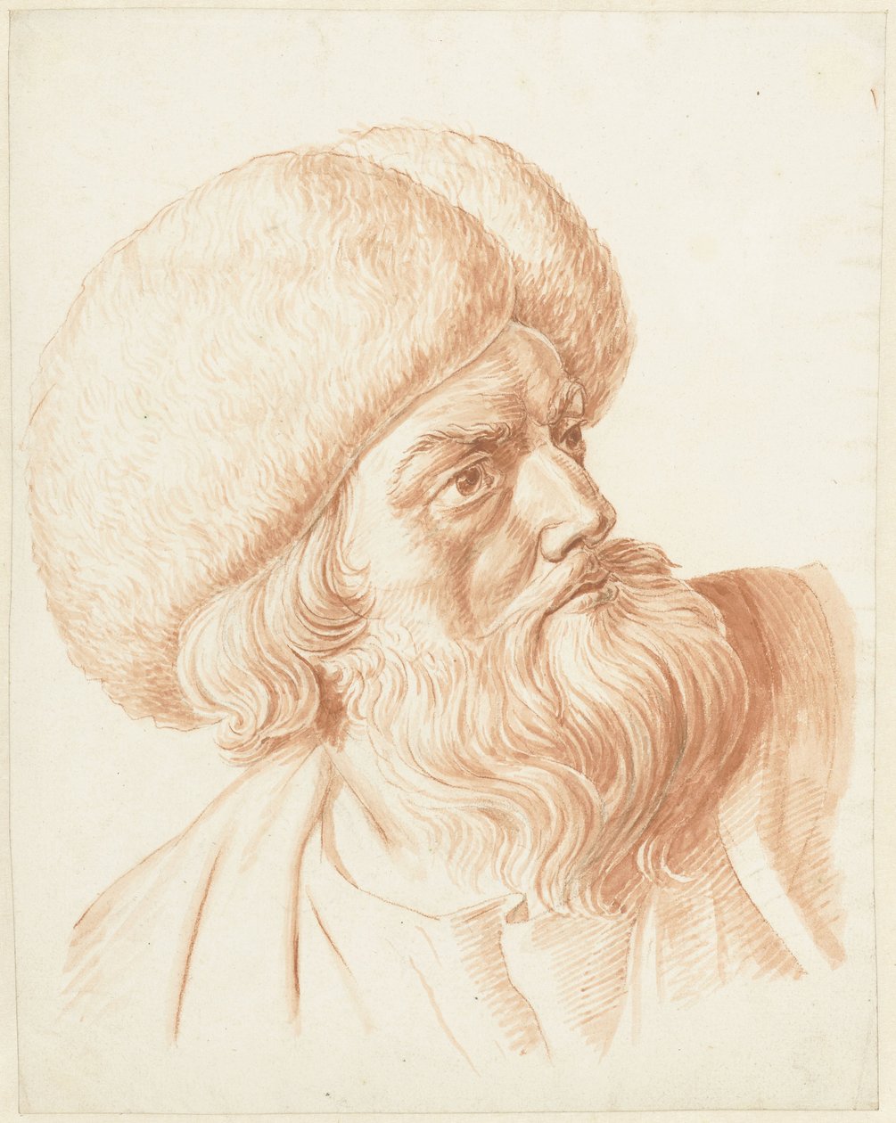 Kop van een man met een bontmuts door Jordanus Hoorn