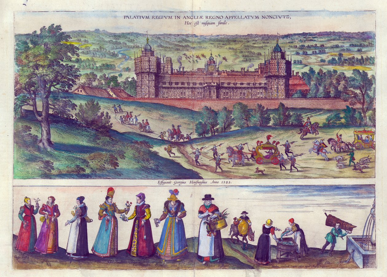 Aankomst van Koningin Elizabeth I in Nonesuch Palace en mannen en vrouwen uit de Tudor-samenleving, 1598 door Joris Hoefnagel