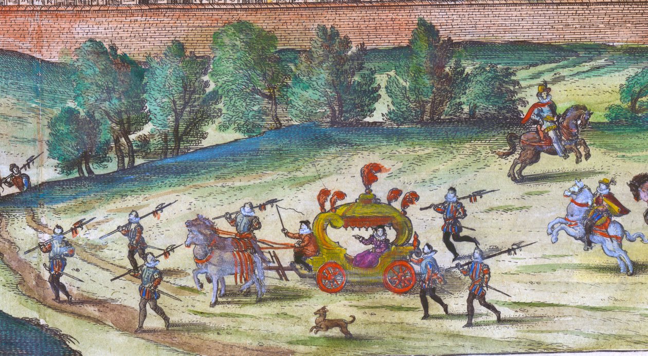 Aankomst van koningin Elizabeth I in Nonesuch Palace met haar hovelingen, bewakers en honden (detail) door Joris Hoefnagel