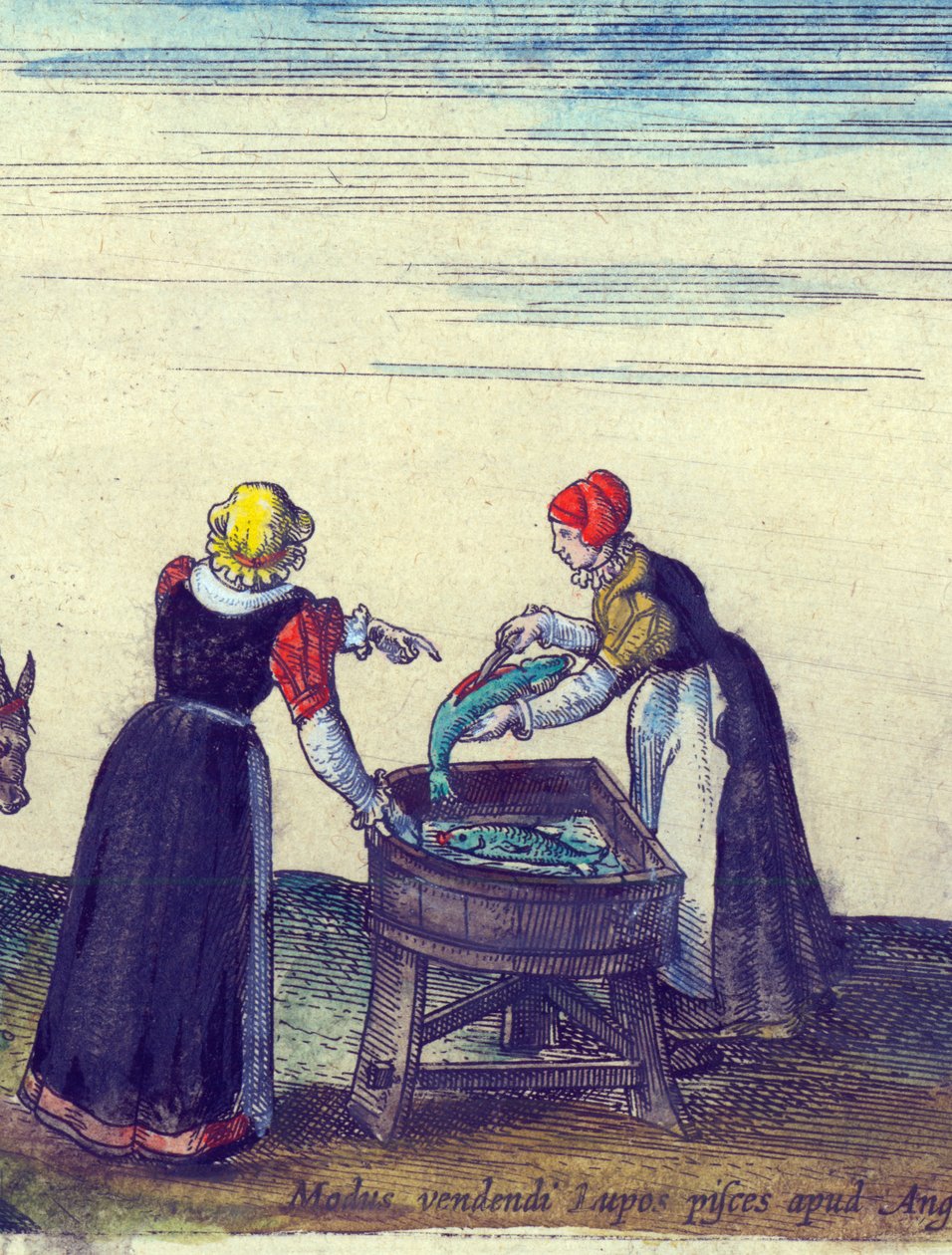Visvrouwen die snoek verkopen en schoonmaken (detail) door Joris Hoefnagel