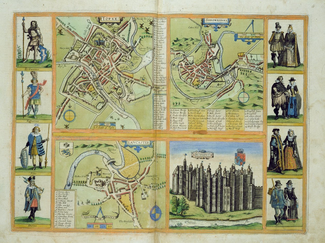 Kaarten van York, Shrewsbury, Lancaster en Richmond, uit 