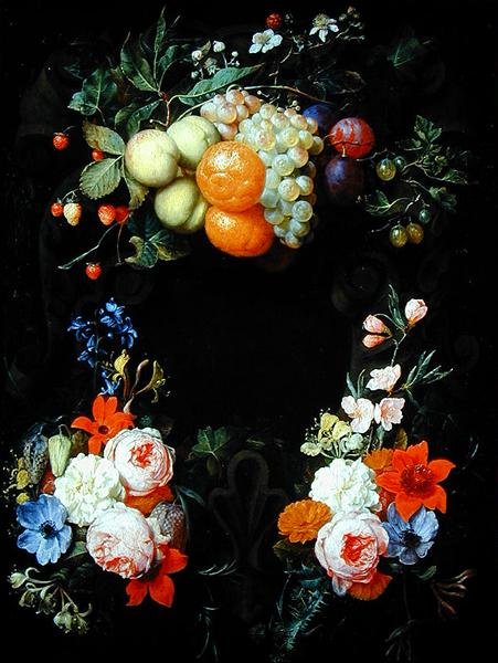 Sinaasappels, perziken, druiven, pruimen, aardbeien, frambozen en ander fruit met rozen, kamperfoelie en andere bloemen door Joris van Son