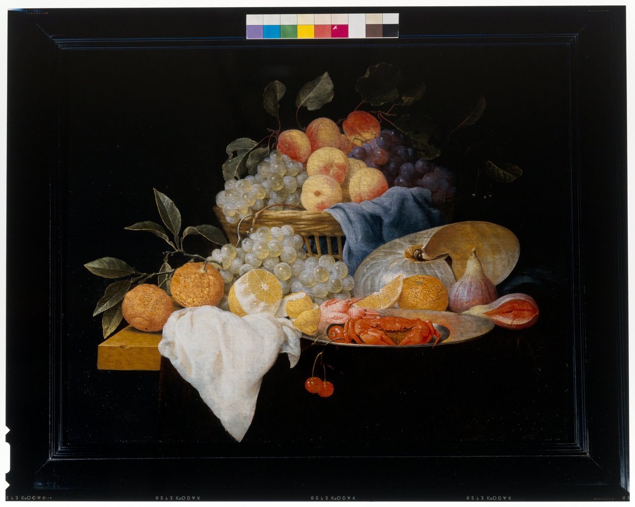 Stilleven met fruit en garnalen door Joris van Son