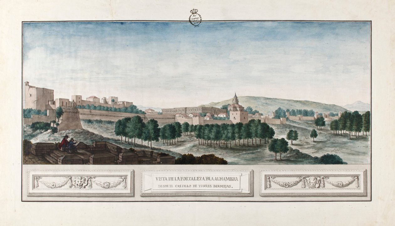 Uitzicht op het Alhambra van Granada, vanaf het kasteel van Torres Bermejas door José de Hermosilla