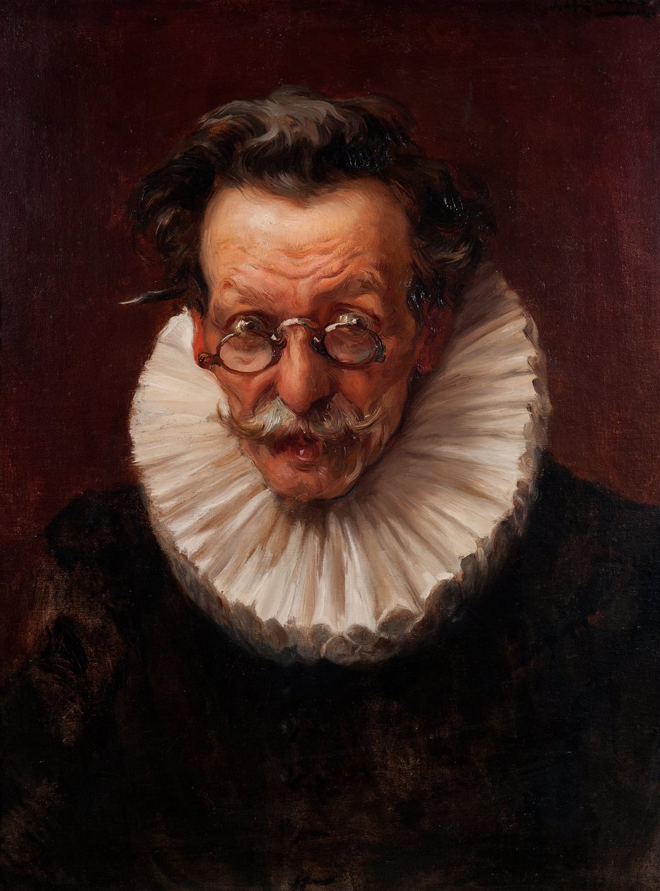 Portret van een oudere man gekleed in de stijl van het bewind van Filips IV door José Llaneces