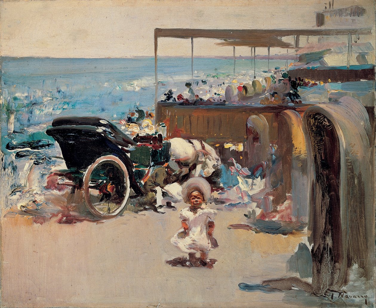 Paard-en-wagen en kind op het strand door José Navarro Llorens