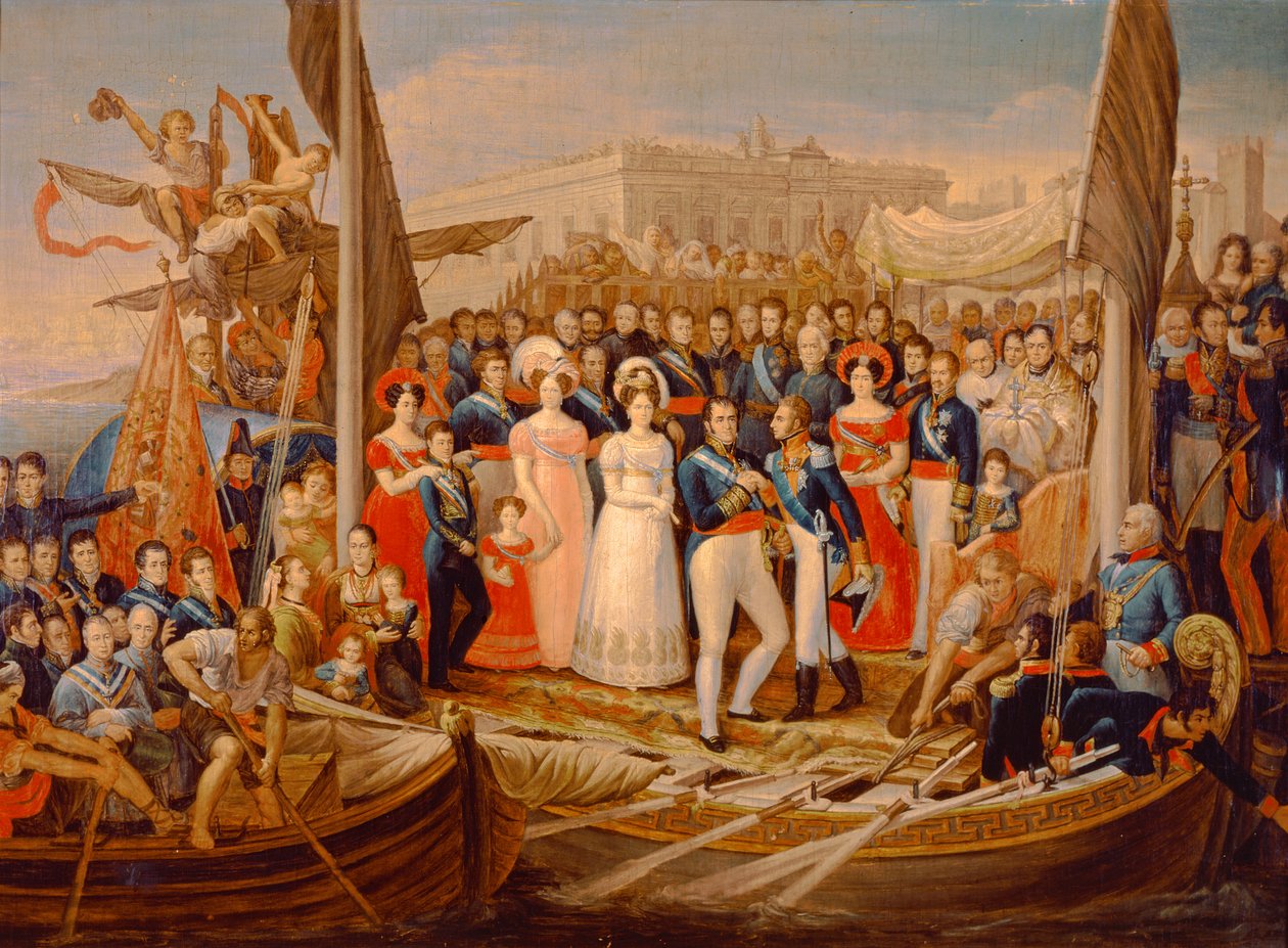 Ferdinand VII ontscheept in de haven van Santa Maria, 19e eeuw door José Aparicio
