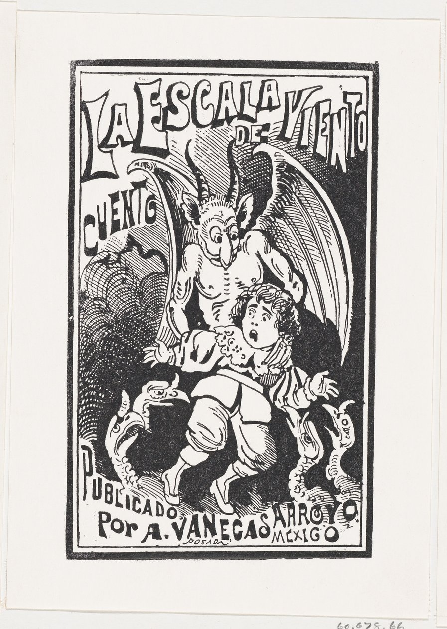 Een demon houdt een jonge jongen bij zijn schouders boven een groep gieren door José Guadalupe Posada