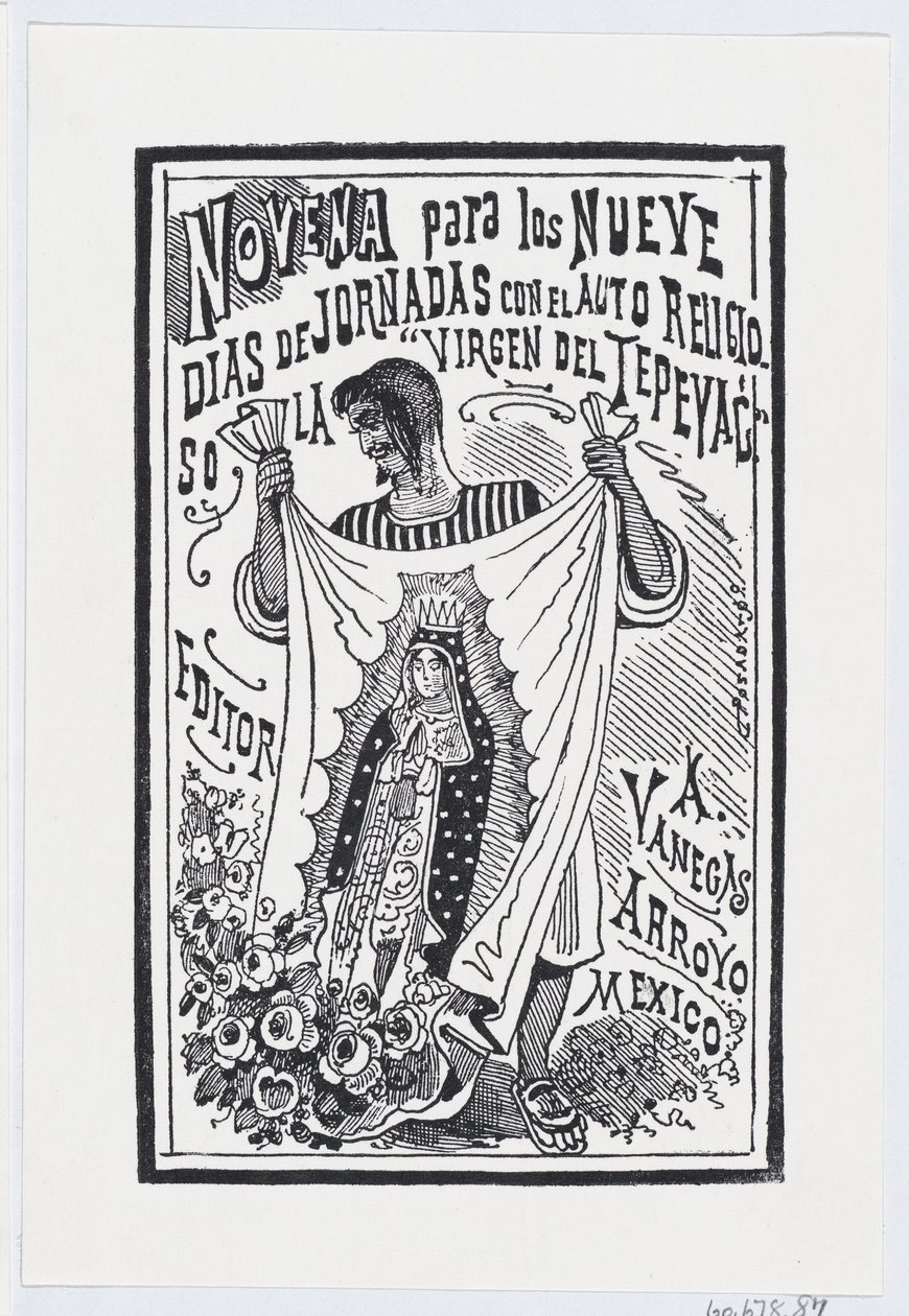 Een man houdt een stuk stof omhoog met een afbeelding van de Maagd, illustratie voor ..., ca. 1880-1910 door José Guadalupe Posada