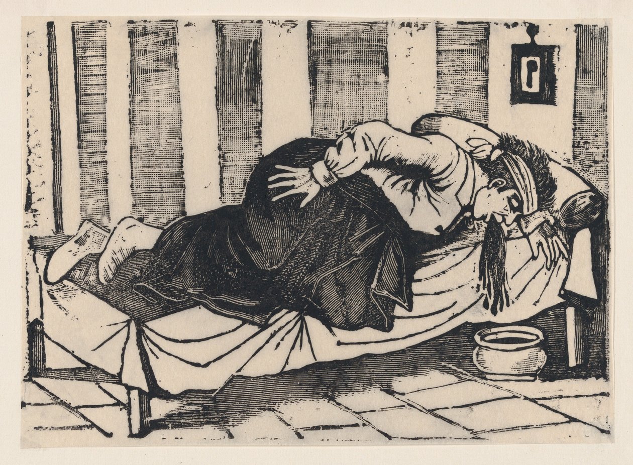 Een man leunt over de rand van een bed en braakt, uit een pamflet getiteld 
