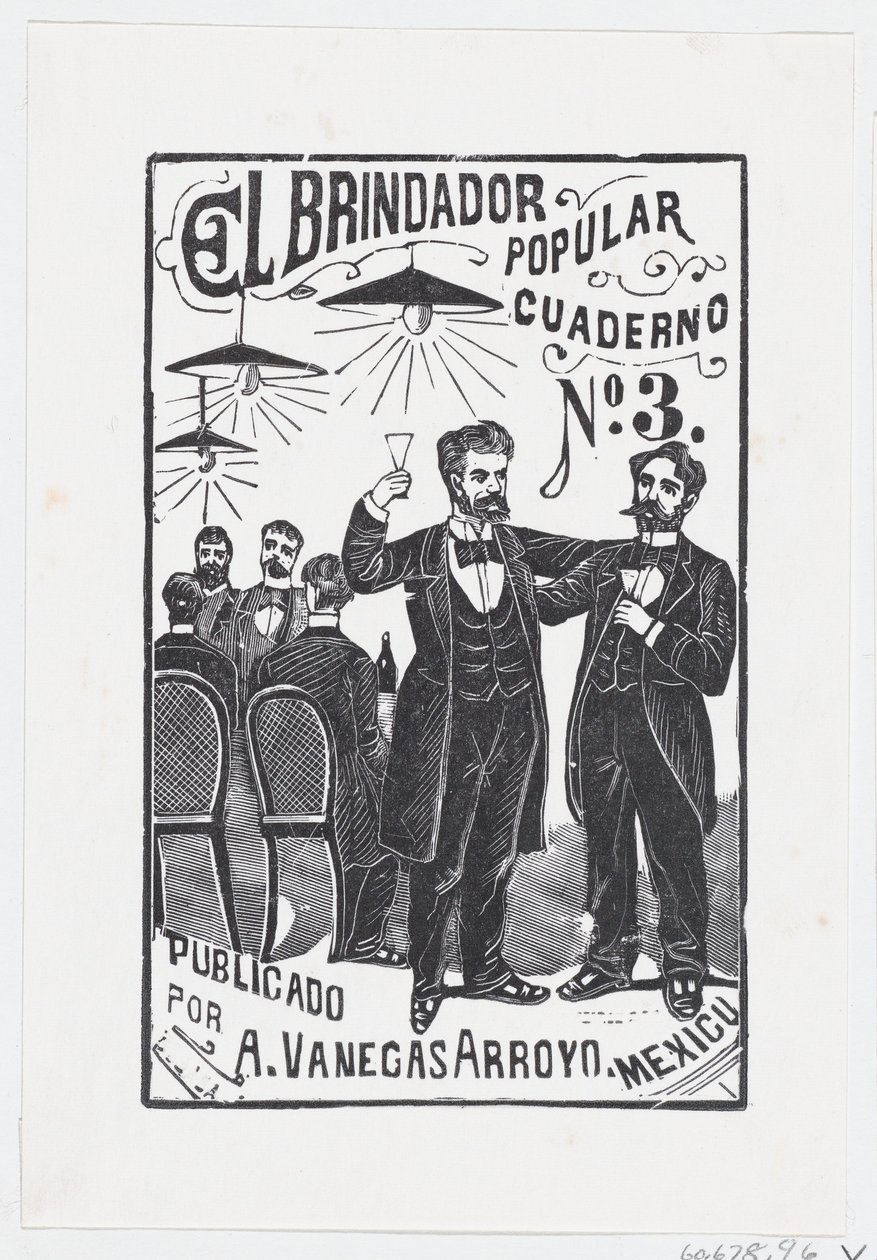 Een man heft zijn glas op met een groep mannen die aan een tafel zitten op de achtergrond door José Guadalupe Posada