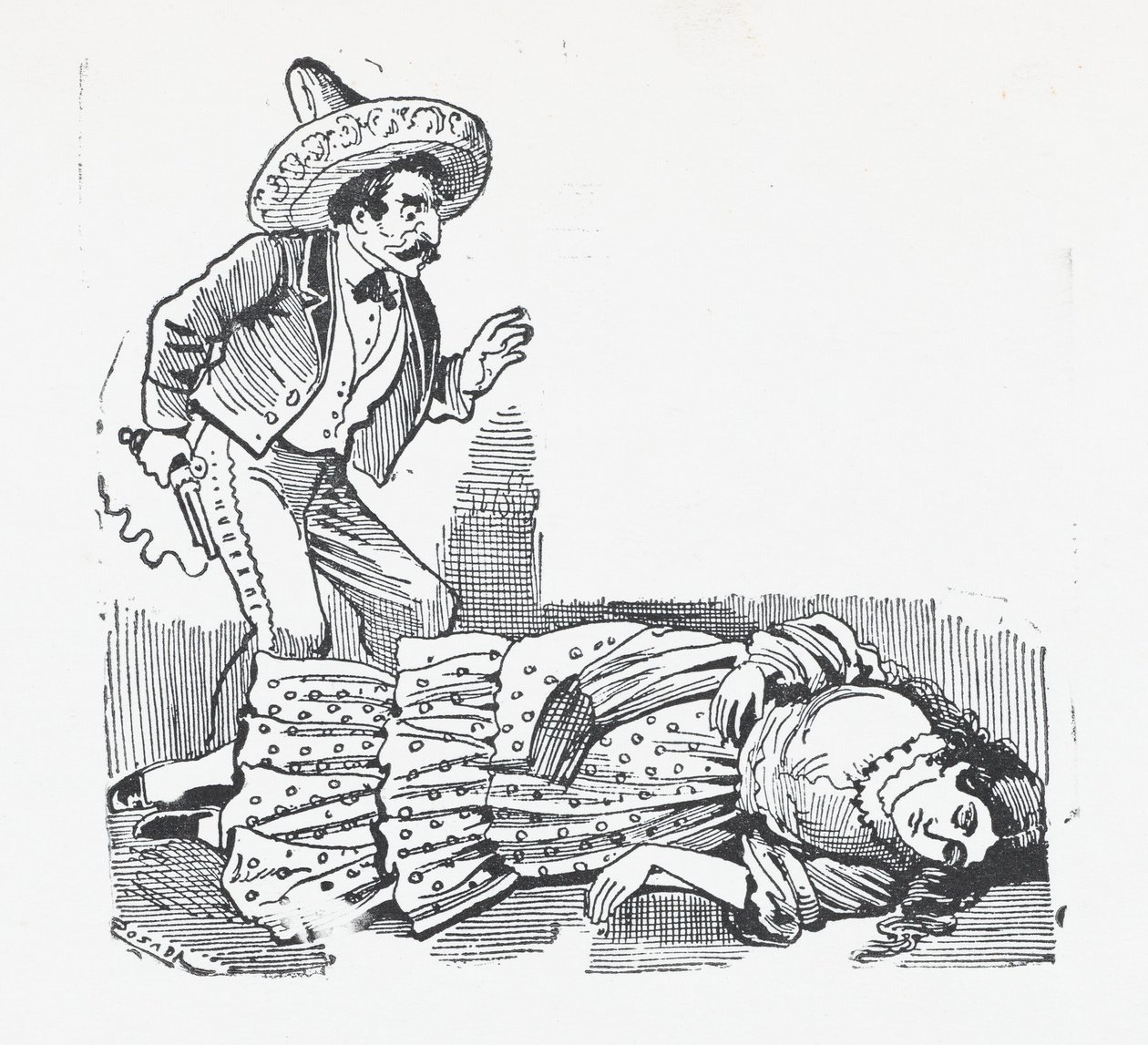 Een man met een geweer die over een vrouw staat die hij net heeft neergeschoten, ca. 1880-1910 door José Guadalupe Posada