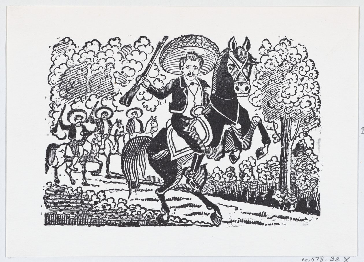 Een revolutionaire soldaat te paard met een geweer Heraclio Bernal, ca. 1880-1910 door José Guadalupe Posada