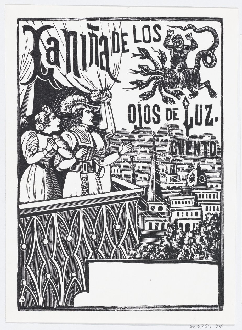 Een vrouw en een man die op een balkon staan en naar een vliegend monster in de lucht kijken..., ca. 1880-1910 door José Guadalupe Posada