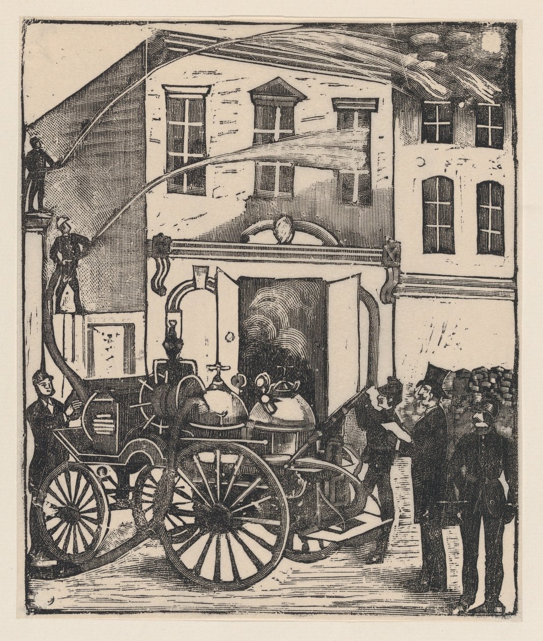 Brandweerlieden blussen een brand in een huis, brandweerwagen op de voorgrond, ca. 1880-1910 door José Guadalupe Posada
