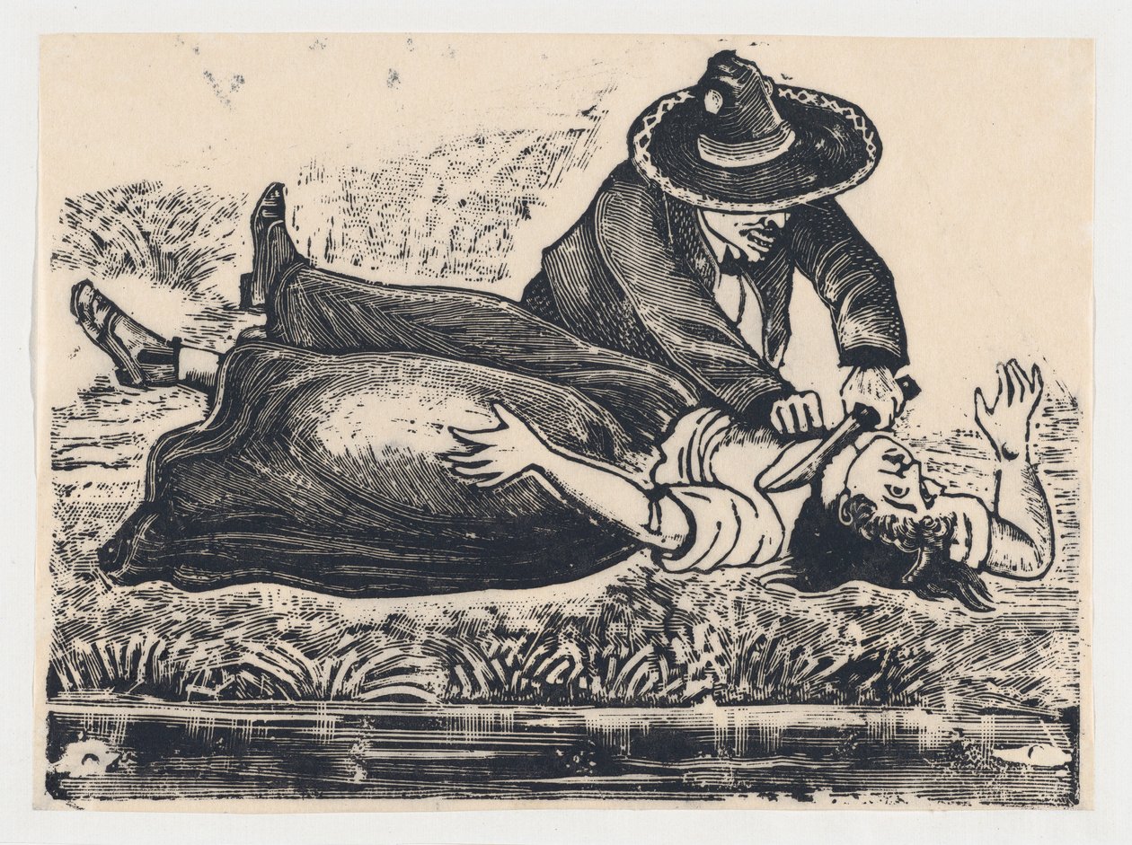 Francisco Guerrero, de vestenmaker en moordenaar, die een vrouw vermoordt, ca. 1905-1910 door José Guadalupe Posada