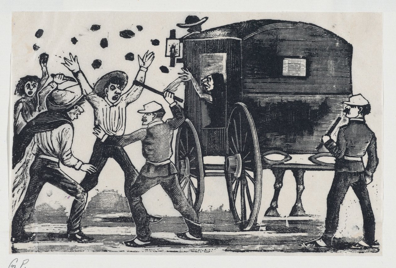 Mannen vechten bij een paard en wagen, ca. 1900-1910 door José Guadalupe Posada