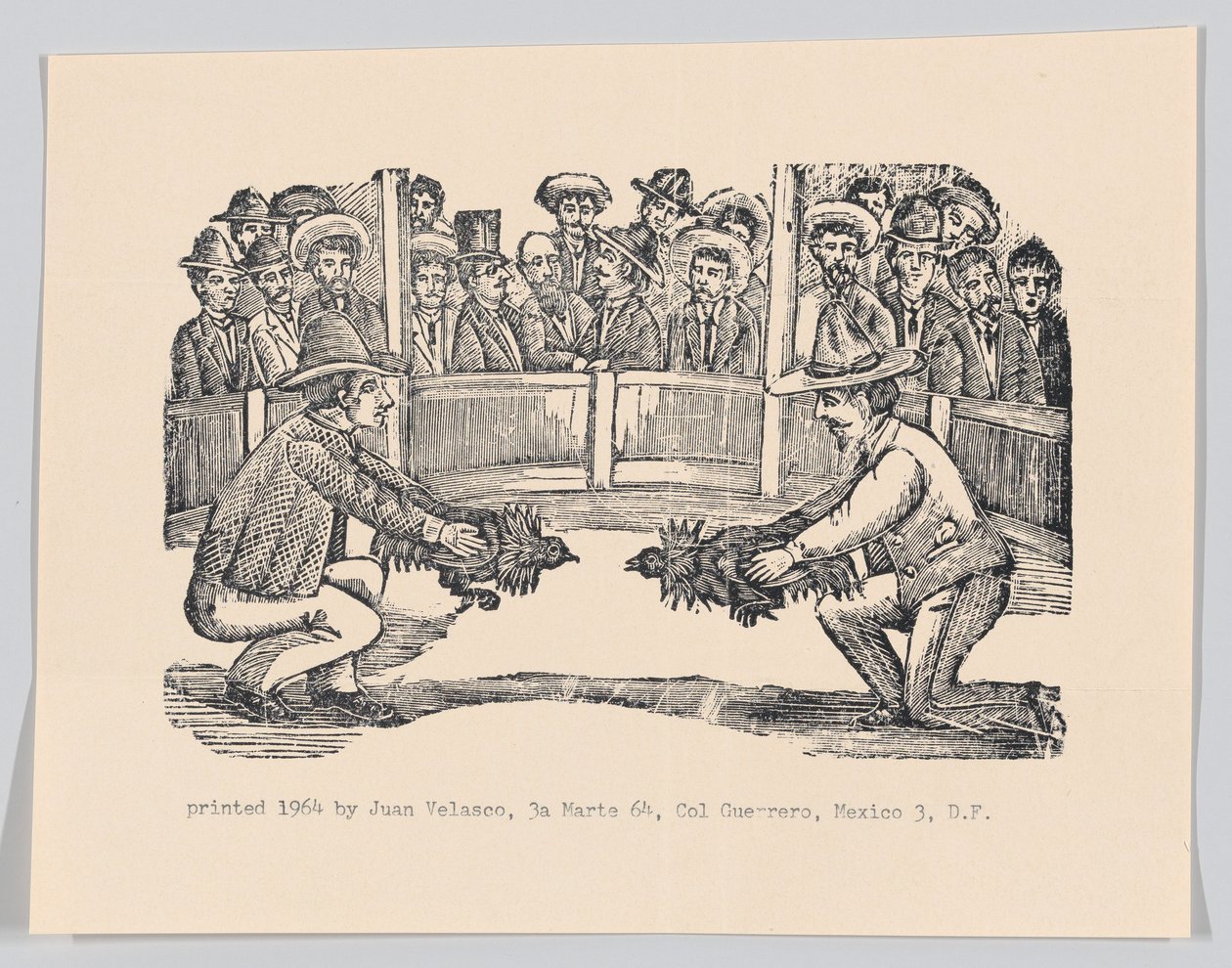 Twee mannen in een arena met hanen ter voorbereiding op een gevecht, ca. 1890-1910 herdrukt 1964 door José Guadalupe Posada