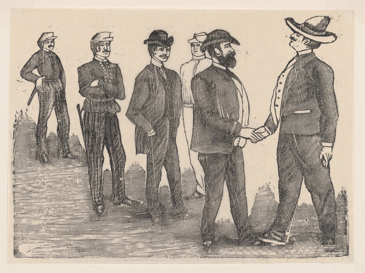 Twee mannen die elkaar de hand schudden op de voorgrond en officieren die hen bekijken op de achtergrond door José Guadalupe Posada