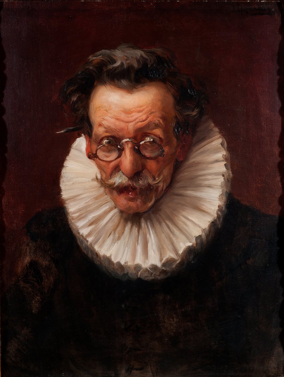 Portret van een oudere man gekleed in de stijl van de regering van Filips IV door José Llaneces