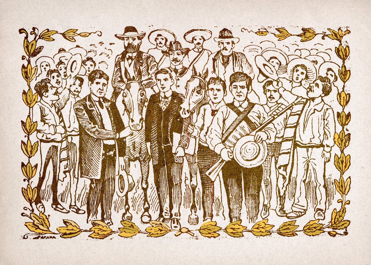 Mexico, Mexicaanse Revolutie: "El Triunfo de Madero" (Francisco Indalecio Madero Gonzalez (1873-1913) gekozen tot president met de steun van revolutionairen Villa en Zapata. Portret te paard temidden van de menigte van zijn volgelingen. Gravure door door José Guadalupe Posada