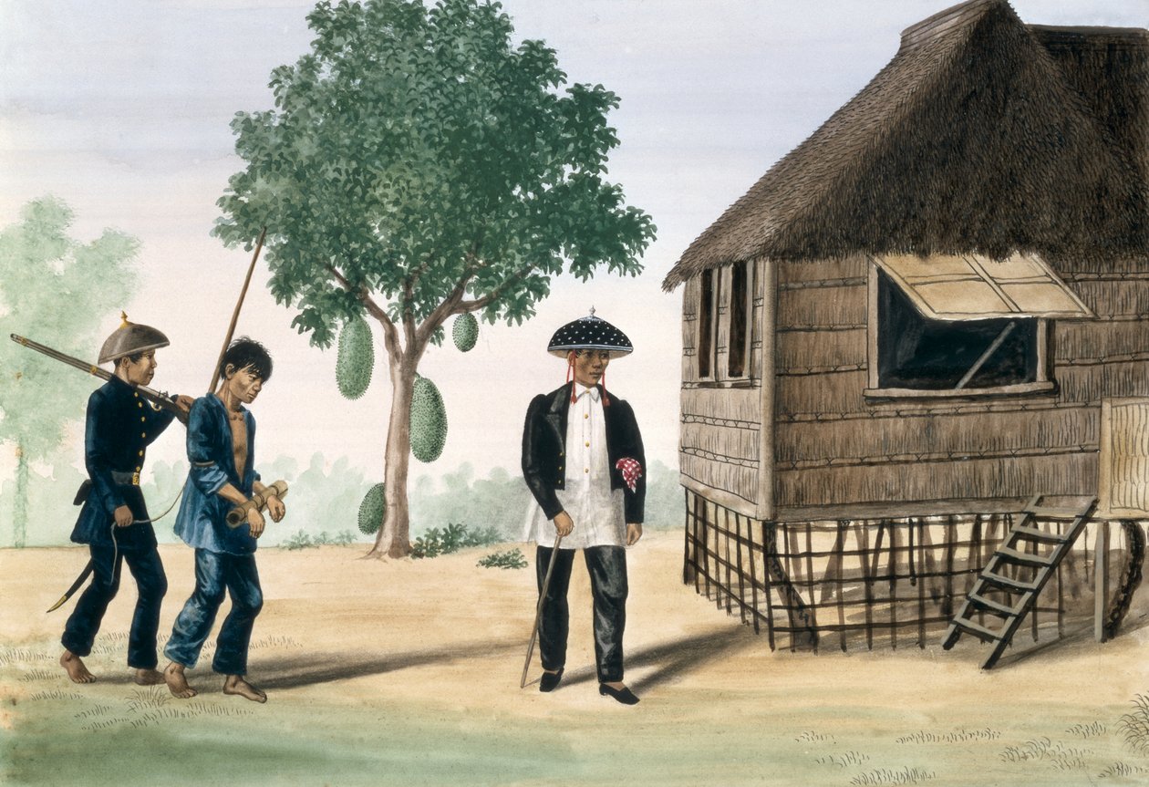 Een gevangene geleid door een politieagent en een raadslid, uit "The Flebus Album of Views In and Around Manila", c.1845 door Jose Honorato Lozano