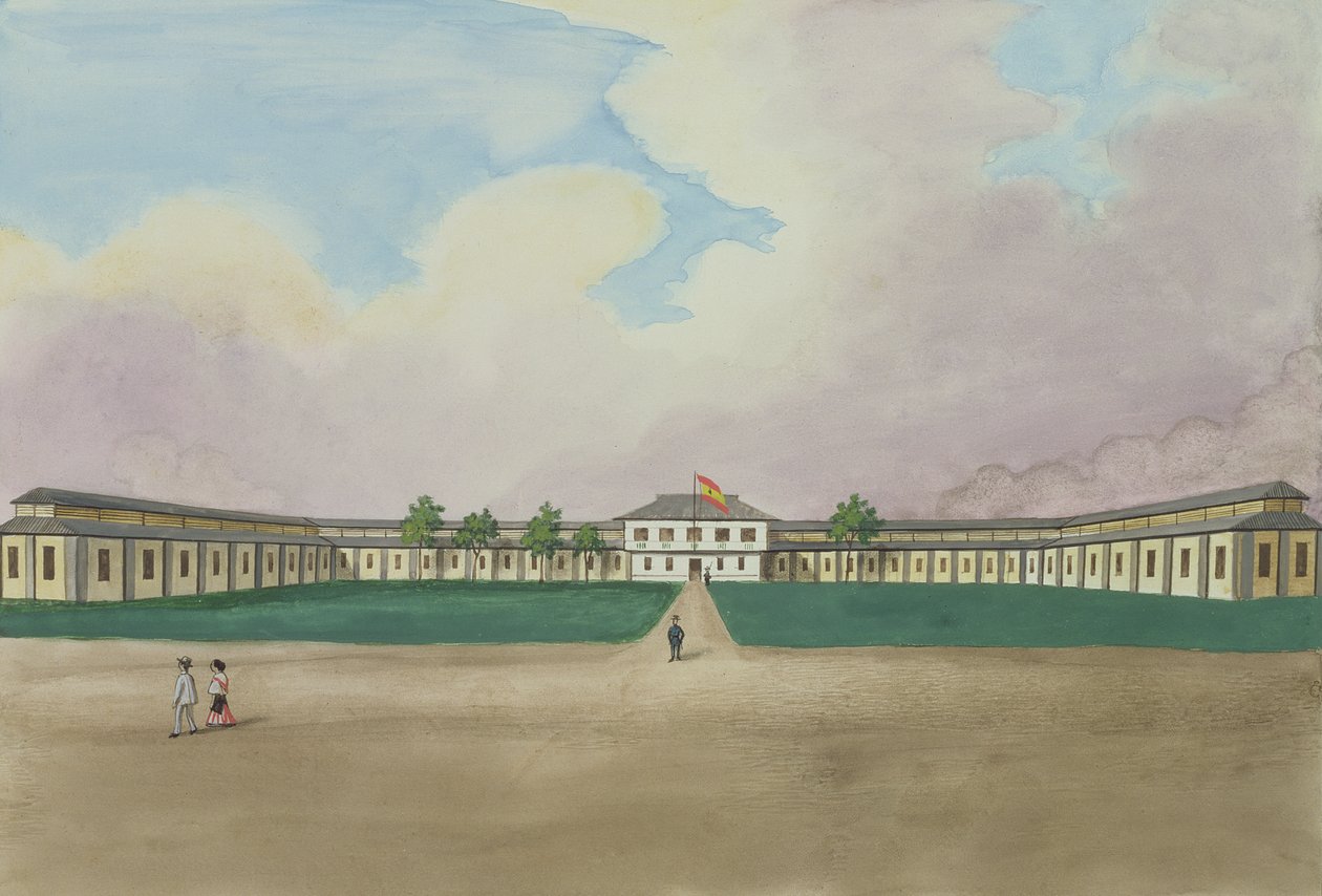 De nieuwe sigarenfabriek in Meisic, uit Het Flebus Album van Zichten In en Rond Manilla, ca. 1845 door Jose Honorato Lozano