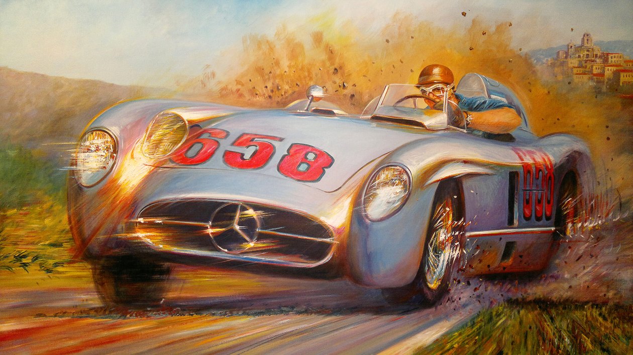 En la Mille Miglia, Juan Manuel Fangio, Mercedes Benz 300 SL door Jose Maria Villafuerte